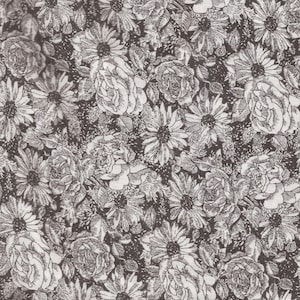 Black and White Floral Graphic Print Cotton Fabric / 1 Yard