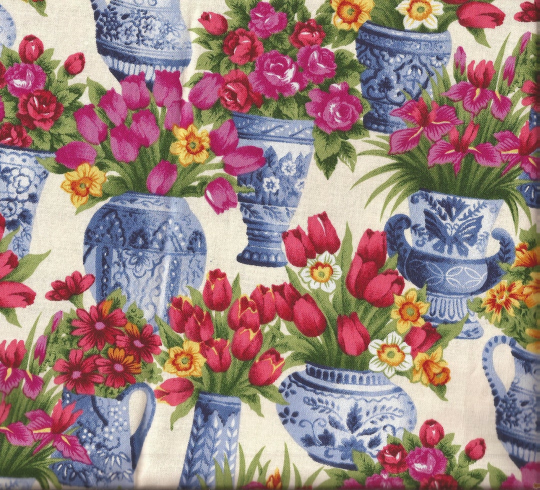 Pink Bouquet Vase Floral Print Cotton Fabric / Timeless Treasures / 1 ...