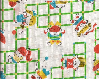 1970s Children Playing Vintage Cotton Seersucker Fabric / pre-washed / 1 Yard
