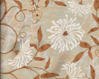 Brown Pale Green Floral Print Cotton Fabric / 1 Yard