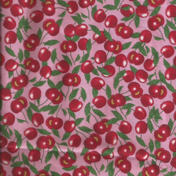 Pink Tossed Cherries Print Cotton Fabric Scrap Piece / Daisy Kingdom / 29 inch by 29 inch plus Extra