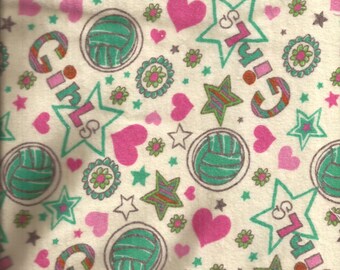 Turquoise Pink Girl Power Heart Flannel Cotton Fabric / pre-washed / 1.5 Yards