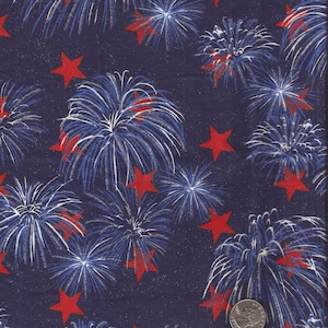 Blue Fireworks Star Print Cotton Fabric with glitter / Fat Quarter 18 inch by 22 inch