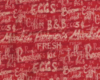 May include: Red fabric with a white, vintage-style print. The text includes words like "Fresh," "Eggs," "Coffee," and "Market," along with the name "Jolly Rooster's." The design has a rustic, wood-like texture.