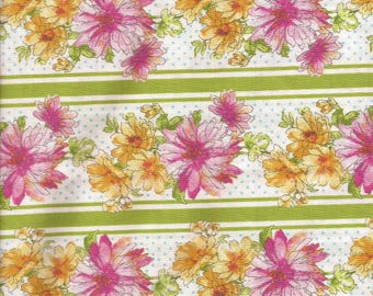 Green Stripe Floral Print Cotton Fabric / Robert Kaufman / 1 yard