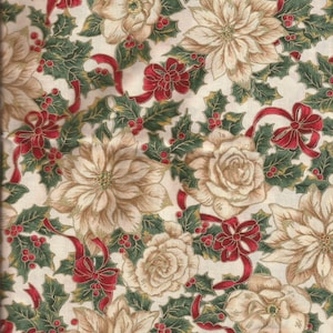 Lovely Cream Poinsettia Floral Print Cotton Fabric / Cranston Print Works / 1 Yard