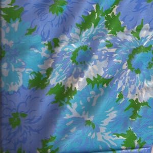 1960s Blue Purple Floral Vintage Shiny Polyester Fabric / 1 Yard and 23 inches