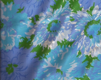 Blålila blommig vintage glänsande polyestertyg från 1960-talet / 1 yard och 23 tum