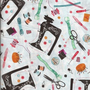 Blue Sewing Notions Novelty Print Cotton Fabric / pre-washed / 1.5 yards