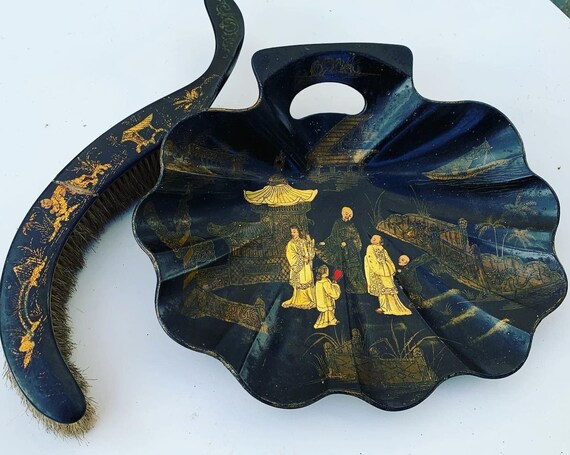 Table shovel and its black lacquered brush, Napoleon III Asian scene, rare and collector, XIX th century, 1820