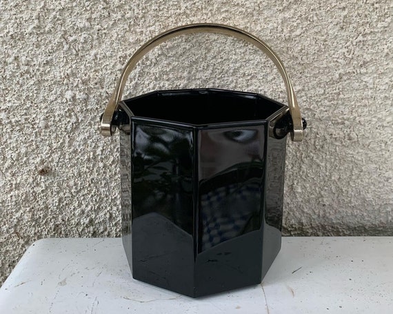Ice bucket made in france in black glass with facets and numbered vintage