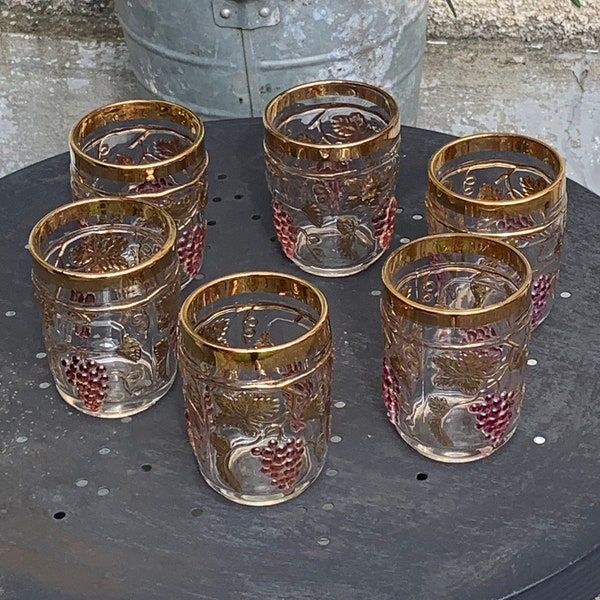 6 verres a whisky avec un motif de grappes de raisins et feuillage or vintage