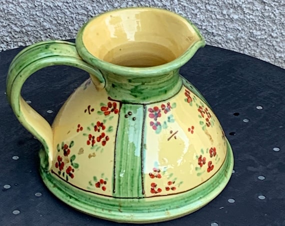 Pitcher carafe in yellow and green enamelled ceramic, artisanal pottery val thorens, Terre de france, vintage floral pattern