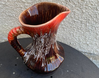 Decanter, red and brown washed enameled ceramic jug, vintage Vallauris style 1960