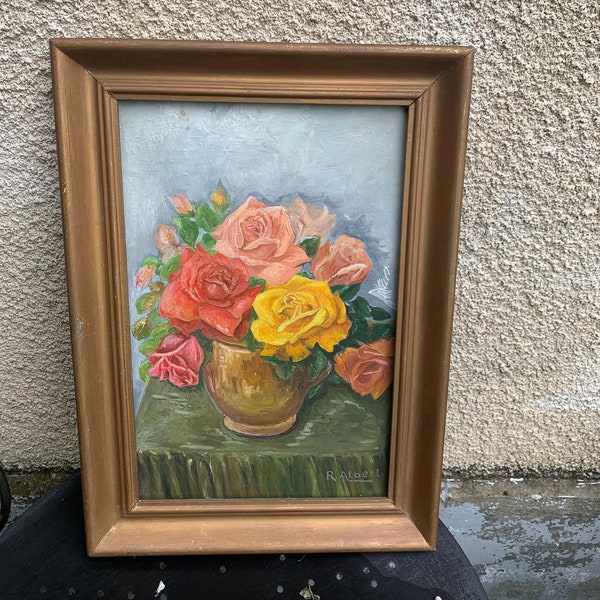 Charmant tableau, peinture sur panneau de bois, nature morte, le bouquet de roses, signe et vintage