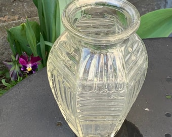 Hyacinth vase in transparent and molded glass, vintage embossed geometric patterns