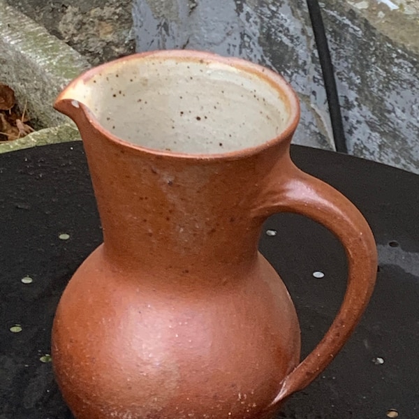 Pitcher, decanter, jug in old, vintage and design gres, interior in artisanal beige glazed gres, handmade