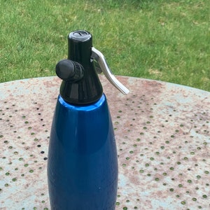 Metal siphon, GIMAS, made in italy, blue and silver color and vintage black bakelite cap 1960/70