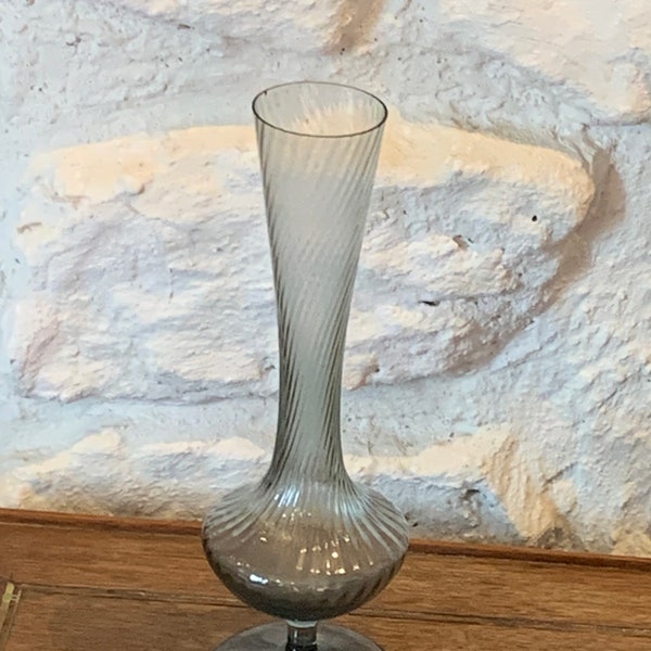 Vase soliflore en verre torsadé gris vintage 1960