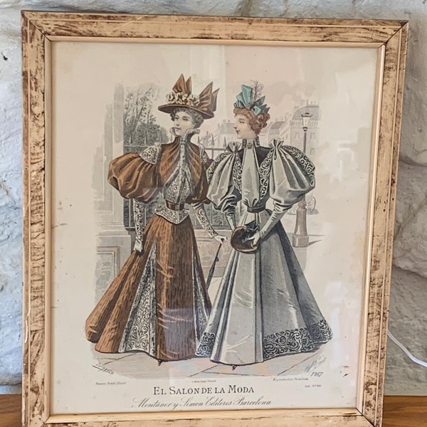 Fashion plate, "el salon la moda" Barcelona. Framed in a weathered wooden frame