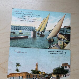 Lot of two old colorized postcards, advertising for the superior Egyptian cigarettes DIMITRINO & Cie 1910