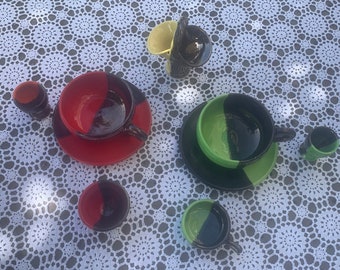 Breakfast service, brunch composed of 9 pieces, two-tone ceramic, half-and-half, vintage 1950/60