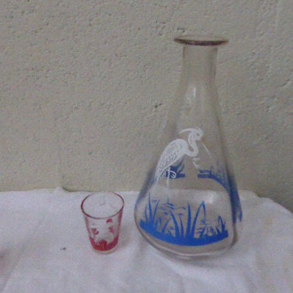 Vintage 1950 stork liqueur decanter, glass decanter with blue screen printing decor