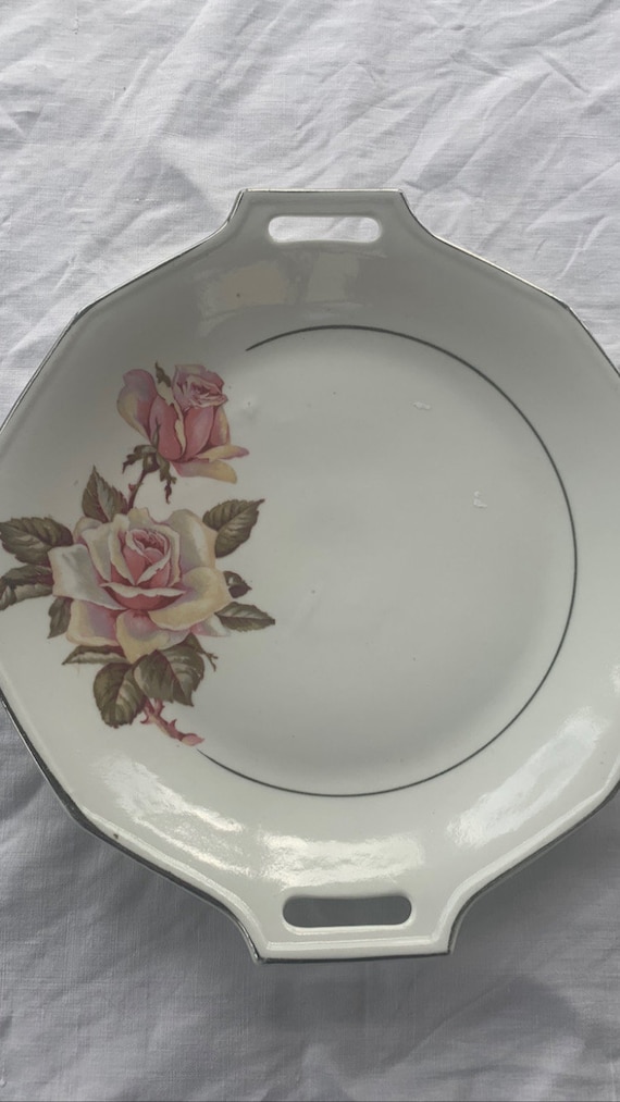 Limoges porcelain cake dish with art deco roses pattern