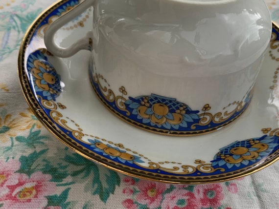 Art Deco porcelain cup and saucer, PP Limoges France stamp, white porcelain with fruit decoration