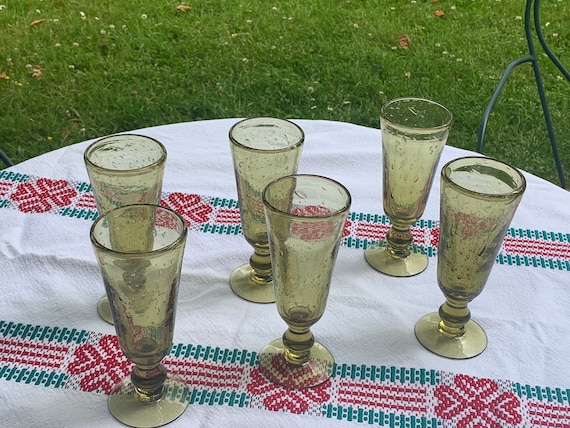 6 champagne flutes, cocktail glass, La Rochere glassware, in hand-blown khaki green glass, vintage and collector's item