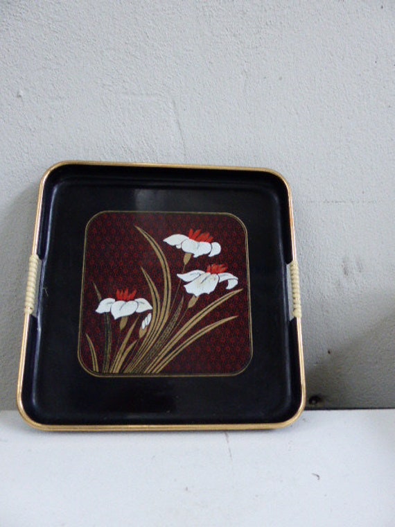 Plateau black plastic and scoubidou, metal gilded vintage 1960