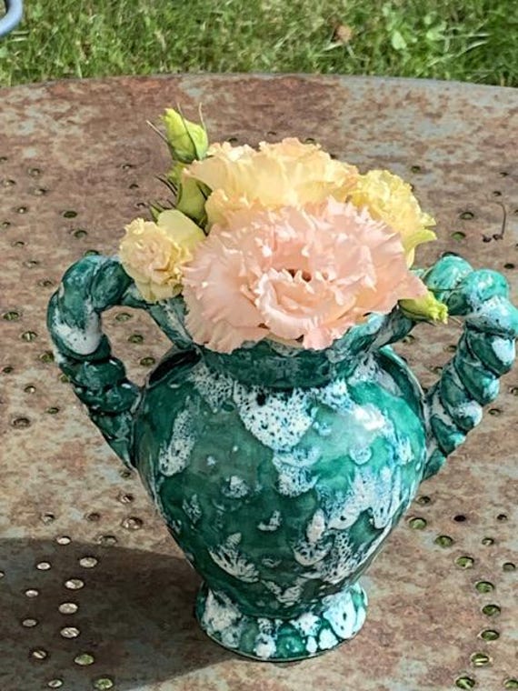 Amphora vase in green enameled ceramic, barbotine, vintage
