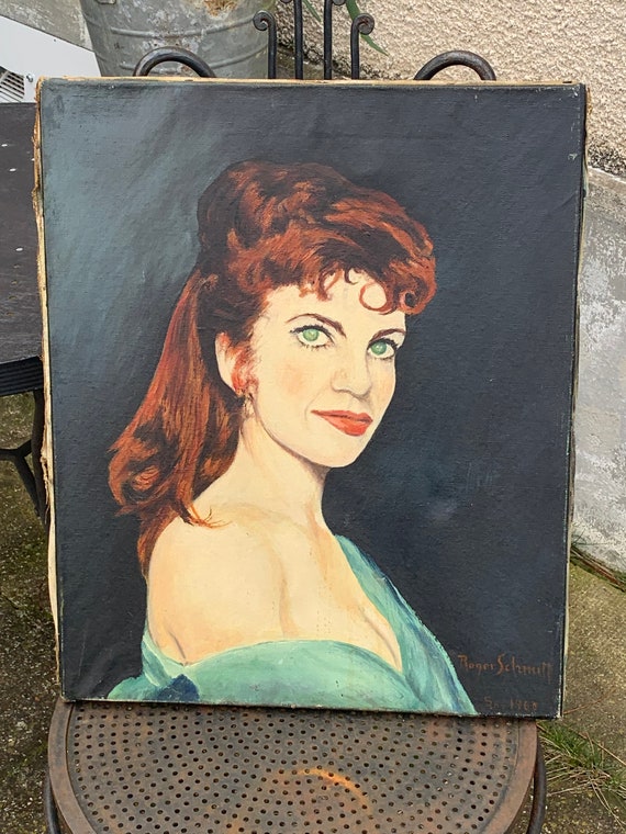 Painting, painting on stretcher, stretched canvas, portrait of a woman, vintage, signed Roger Schmitt, 1960