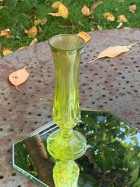 Soliflore vase in anise green glass, diamond base pattern, vintage and design