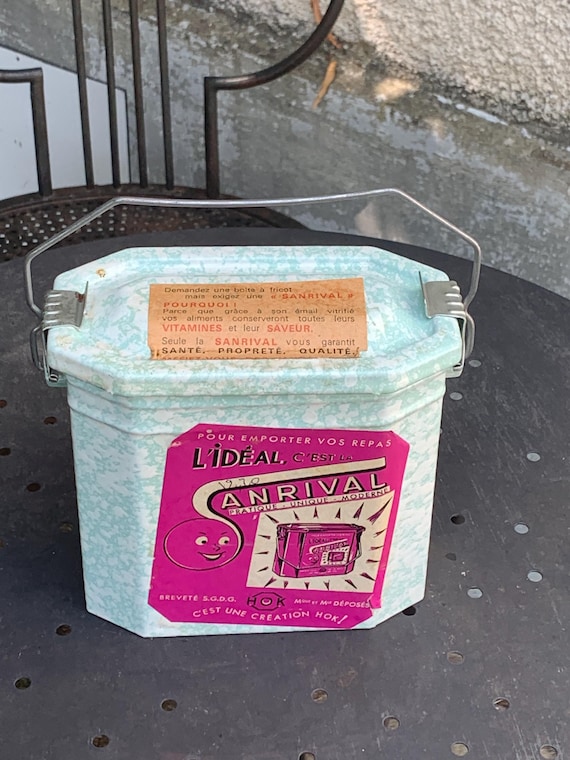 SANRIVAL Fricot box, meal box with enameled iron compartments, glazed email with its original advertising labels, green and white, vintage