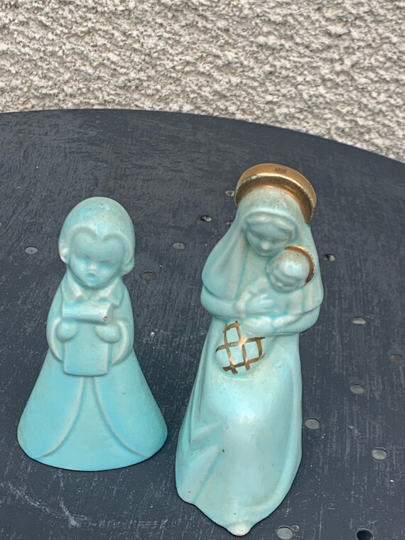 Turquoise and gold enamelled ceramic statuettes, barbotine,  Saint Mary and the child Jesus and a vintage and collector's angel