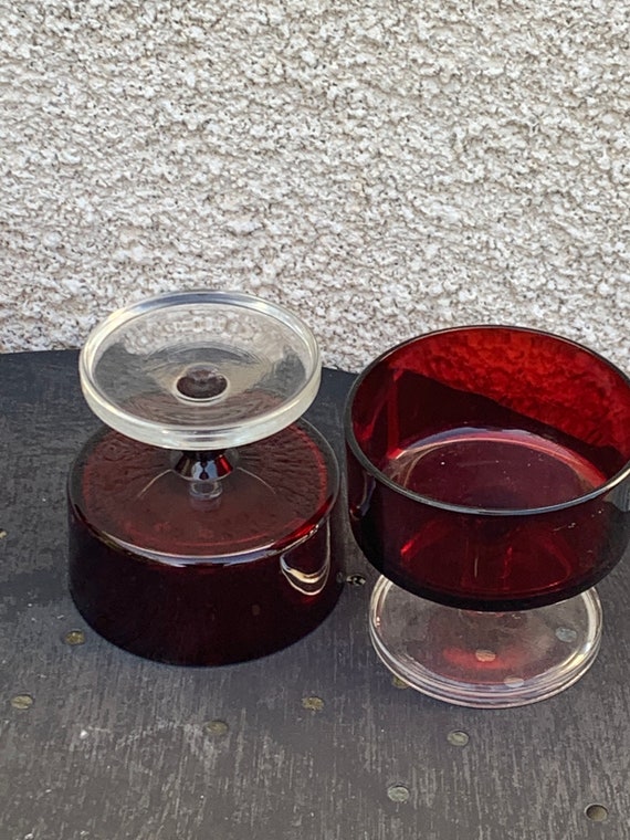 3 champagne glasses or glass verrines in red color and transparent base, vintage 1970, 3 red