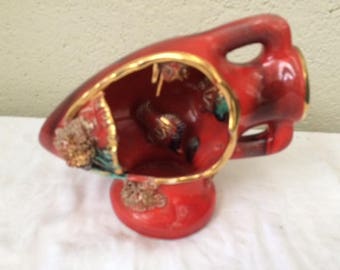 lAMPE VEILLEUSE amphora vase signed VALLAURIS vintage 1960, in red ceramic enameled