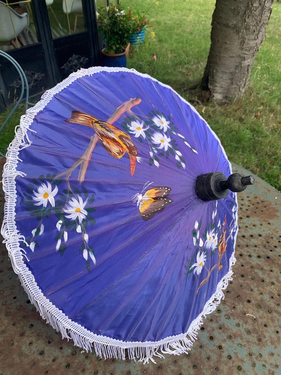 Umbrella in fabrics, fringes and vintage bamboo, hand painted with patterns of birds, butterflies and flowers, Asian