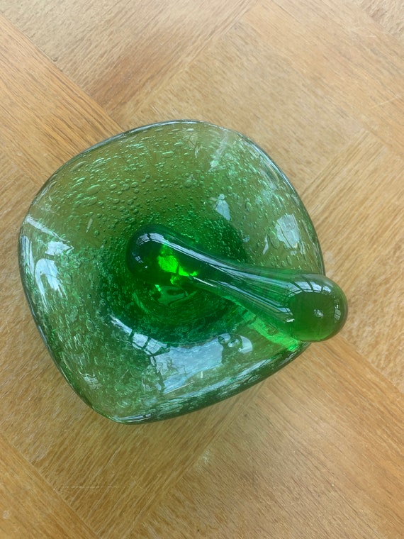 Large ashtray, mortar and pestle in blown glass and green bubble, handcrafted. vintage and collectible