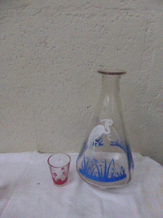 Vintage 1950 stork liqueur decanter, glass decanter with blue screen printing decor