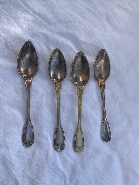 Set of 4 small spoons in silver metal, goldsmith Carpenter, net pattern, art nouveau