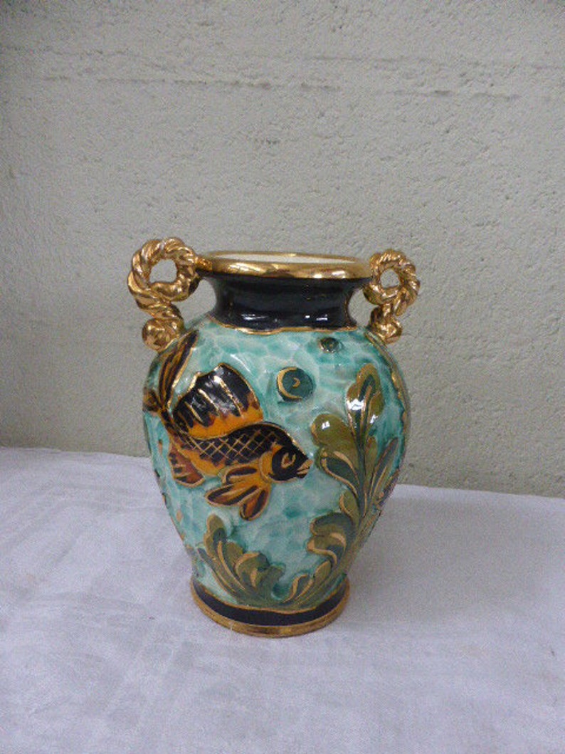 Charming enameled ceramic vase of Monaco fish and wave decoration in relief vintage 195060