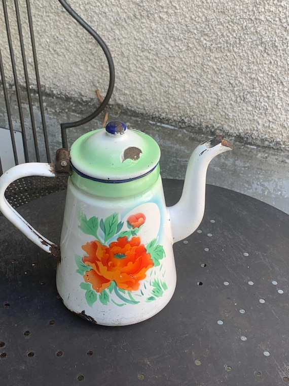 Coffee maker, enameled iron with orange peonies patterns, Art Deco