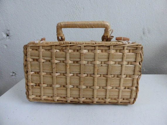 Rattan and woven bamboo case, vintage 1970