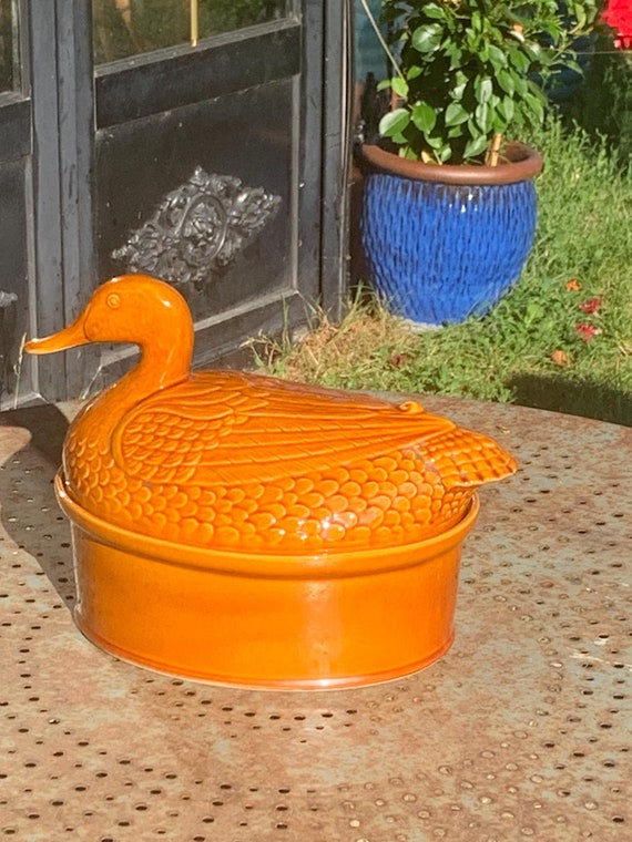Charming Duck, slip, enameled ceramic terrine, brown, vintage and collector