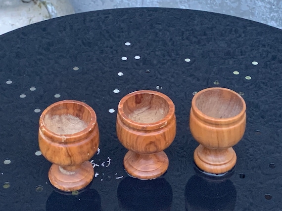 3 wooden egg cups, vintage