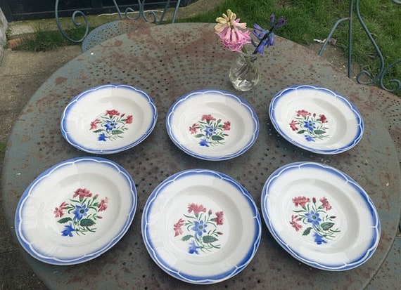 Lot composed of 6 soup plates, Elorn model, digoin and sarreguemines, France, patterns of red carnations and blue columbines, old