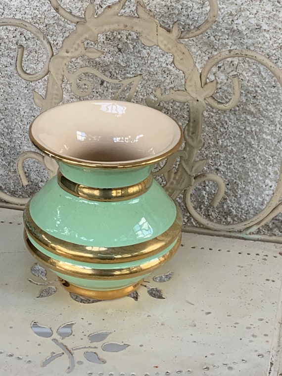 Ceramic vase enamelled mint green and gold from the art ceramics of viroflay signed orfinox vintage and collector.