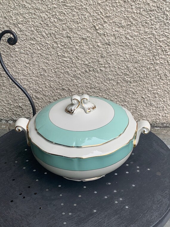Soupiere, Chambord model, semi porcelain, ceranord France, white and mint green, smoothed gold, vintage er collector